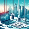 サラリーマン投資家のブログ用アイキャッチ画像。モダンなオフィスのデスクにはノートパソコン、コーヒーカップ、金融新聞、株式市場のチャートがあり、背景には大きな窓から見える都会の風景が広がっている。
