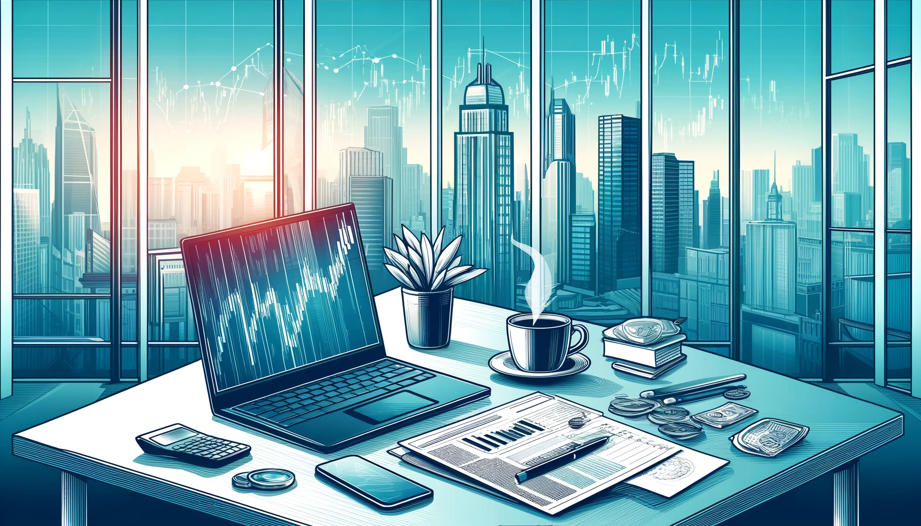 サラリーマン投資家のブログ用アイキャッチ画像。モダンなオフィスのデスクにはノートパソコン、コーヒーカップ、金融新聞、株式市場のチャートがあり、背景には大きな窓から見える都会の風景が広がっている。