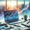 モダンなオフィスのデスクには、株式市場のチャートが表示されたノートパソコン、コーヒーカップ、金融新聞、ペンが置かれ、背景には都会の風景が大きな窓から見える。画像には成長と投資成功を象徴する上昇トレンドラインが重ねられている。