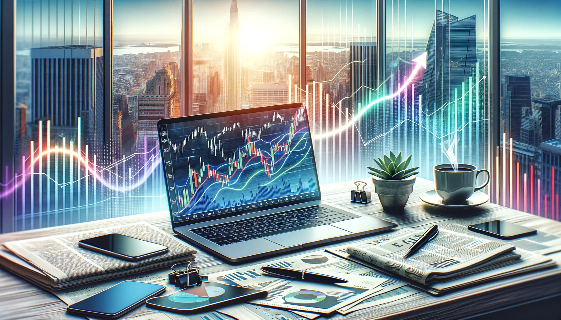 モダンなオフィスのデスクには、株式市場のチャートが表示されたノートパソコン、コーヒーカップ、金融新聞、ペンが置かれ、背景には都会の風景が大きな窓から見える。画像には成長と投資成功を象徴する上昇トレンドラインが重ねられている。