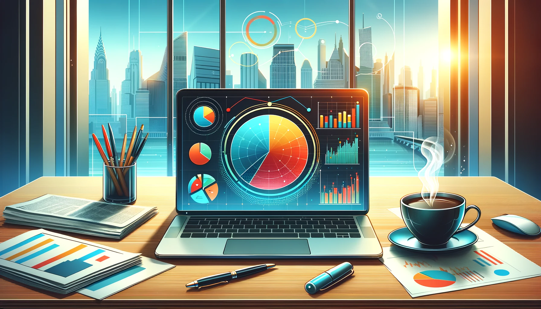 モダンなオフィスのデスクには、カラフルな円グラフが表示されたノートパソコン、コーヒーカップ、金融新聞、ペンが置かれており、背景には都会の風景が大きな窓から見える。画像は投資分析と財務計画を象徴する。
